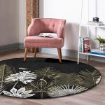 - RealHomes Dijital Baskılı Kaymaz Tabanlı Comfort Yuvarlak Halı - Realhomes  Siyah Zeminde Gold Detaylı Yaprak Desenli Dijital Baskılı Modern Salon ve Oturma Odası Kaymaz Tabanlı Yuvarlak Halı Realhomes