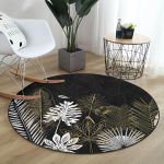 - RealHomes Dijital Baskılı Kaymaz Tabanlı Comfort Yuvarlak Halı - Realhomes  Siyah Zeminde Gold Detaylı Yaprak Desenli Dijital Baskılı Modern Salon ve Oturma Odası Kaymaz Tabanlı Yuvarlak Halı Realhomes