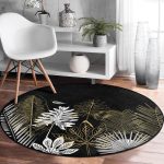 - RealHomes Dijital Baskılı Kaymaz Tabanlı Comfort Yuvarlak Halı - Realhomes  Siyah Zeminde Gold Detaylı Yaprak Desenli Dijital Baskılı Modern Salon ve Oturma Odası Kaymaz Tabanlı Yuvarlak Halı Realhomes