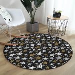 - RealHomes Dijital Baskılı Kaymaz Tabanlı Comfort Yuvarlak Halı - Realhomes Siyah Zeminde Gold Detaylı Beyaz Yıldız Desenli Dijital Baskılı Modern Salon ve Oturma Odası Kaymaz Tabanlı Yuvarlak Halı Realhomes