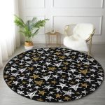 - RealHomes Dijital Baskılı Kaymaz Tabanlı Comfort Yuvarlak Halı - Realhomes Siyah Zeminde Gold Detaylı Beyaz Yıldız Desenli Dijital Baskılı Modern Salon ve Oturma Odası Kaymaz Tabanlı Yuvarlak Halı Realhomes