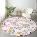 - RealHomes Dijital Baskılı Kaymaz Tabanlı Comfort Yuvarlak Halı - Realhomes  Beyaz Zeminde Gold Detaylı Renkli Puantiye Desenli Dijital Baskılı Modern Pembe Yatak Odası Yıkanabilir Kaymaz Tabanlı Yuvarlak Halı Realhomes