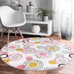 - RealHomes Dijital Baskılı Kaymaz Tabanlı Comfort Yuvarlak Halı - Realhomes  Beyaz Zeminde Gold Detaylı Renkli Puantiye Desenli Dijital Baskılı Modern Pembe Yatak Odası Yıkanabilir Kaymaz Tabanlı Yuvarlak Halı Realhomes