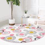 - RealHomes Dijital Baskılı Kaymaz Tabanlı Comfort Yuvarlak Halı - Realhomes  Beyaz Zeminde Gold Detaylı Renkli Puantiye Desenli Dijital Baskılı Modern Pembe Yatak Odası Yıkanabilir Kaymaz Tabanlı Yuvarlak Halı Realhomes