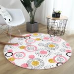 - RealHomes Dijital Baskılı Kaymaz Tabanlı Comfort Yuvarlak Halı - Realhomes  Beyaz Zeminde Gold Detaylı Renkli Puantiye Desenli Dijital Baskılı Modern Pembe Yatak Odası Yıkanabilir Kaymaz Tabanlı Yuvarlak Halı Realhomes