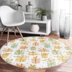 Beyaz Zeminde Gold Detaylı Hediye Paketi Desenli Dijital Baskılı Modern Çocuk ve Genç Odası Kaymaz Tabanlı Yuvarlak Halı Realhomes