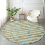 - RealHomes Dijital Baskılı Kaymaz Tabanlı Comfort Yuvarlak Halı - Realhomes  Renkli Zeminde Gold Detaylı Yatay Çizgili Dijital Baskılı Modern Koridor ve Antre Yıkanabilir Kaymaz Tabanlı Yuvarlak Halı Realhomes