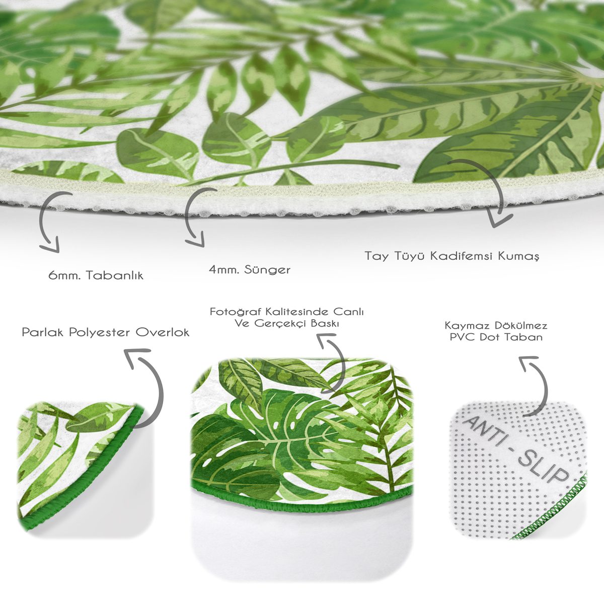 Beyaz Zeminde Yeşil Yaprak Desenli Dijital Baskılı Modern Outdoor Yıkanabilir Kaymaz Tabanlı Yuvarlak Halı Realhomes