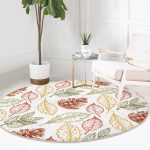 - RealHomes Dijital Baskılı Kaymaz Tabanlı Comfort Yuvarlak Halı - Realhomes Beyaz Zeminde Sonbahar Yapraklı Kozalak Desenli Dijital Baskılı Modern Renkli Salon ve Oturma Odası Kaymaz Tabanlı Yuvarlak Halı Realhomes