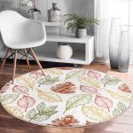 - RealHomes Dijital Baskılı Kaymaz Tabanlı Comfort Yuvarlak Halı - Realhomes Beyaz Zeminde Sonbahar Yapraklı Kozalak Desenli Dijital Baskılı Modern Renkli Salon ve Oturma Odası Kaymaz Tabanlı Yuvarlak Halı Realhomes