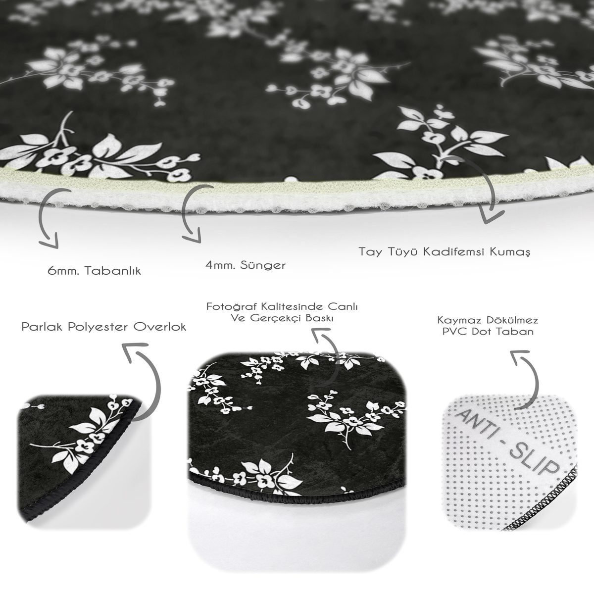 Siyah Zeminde Beyaz Çiçek Desenli Dijital Baskılı Modern Salon ve Oturma Odası Yıkanabilir Kaymaz Tabanlı Yuvarlak Halı Realhomes