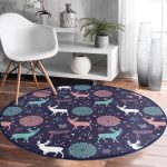 - RealHomes Dijital Baskılı Kaymaz Tabanlı Comfort Yuvarlak Halı - Realhomes  Renkli Zeminde Geyik Desenli Dijital Baskılı Modern Lacivert Koridor ve Antre Yıkanabilir Kaymaz Tabanlı Yuvarlak Halı Realhomes