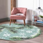 - RealHomes Dijital Baskılı Kaymaz Tabanlı Comfort Yuvarlak Halı - Realhomes  Renkli Zeminde Kar tanesi Desenli Dijital Baskılı Modern Yeşil Salon ve Oturma Odası Yıkanabilir Kaymaz Tabanlı Yuvarlak Halı Realhomes