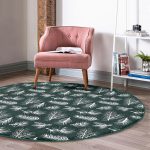 Renkli Zeminde Beyaz Yaprak Desenli Dijital Baskılı Modern Yeşil Salon ve Oturma Odası Yıkanabilir Kaymaz Tabanlı Yuvarlak Halı Realhomes