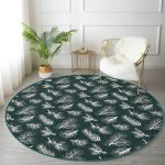 Renkli Zeminde Beyaz Yaprak Desenli Dijital Baskılı Modern Yeşil Salon ve Oturma Odası Yıkanabilir Kaymaz Tabanlı Yuvarlak Halı Realhomes