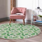 - RealHomes Dijital Baskılı Kaymaz Tabanlı Comfort Yuvarlak Halı - Realhomes  Renkli Zeminde Yaprak Desenli Dijital Baskılı Modern Yeşil Salon ve Oturma Odası Yıkanabilir Kaymaz Tabanlı Yuvarlak Halı Realhomes