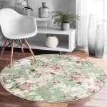 Renkli Zeminde Beyaz Çiçek Desenli Dijital Baskılı Modern Yeşil Salon ve Oturma Odası Yıkanabilir Kaymaz Tabanlı Yuvarlak Halı Realhomes