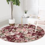 Renkli Zeminde Çiçek Desenli Dijital Baskılı Modern Bordo Salon ve Oturma Odası Yıkanabilir Kaymaz Tabanlı Yuvarlak Halı Realhomes
