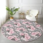 - RealHomes Dijital Baskılı Kaymaz Tabanlı Comfort Yuvarlak Halı - Realhomes  Renkli Zeminde Çiçek Desenli Dijital Baskılı Modern Pembe Salon ve Oturma Odası Yıkanabilir Kaymaz Tabanlı Yuvarlak Halı Realhomes