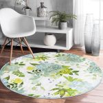 Beyaz Zeminde Yeşil Renkli Çiçek Desenli Dijital Baskılı Modern Balkon Yıkanabilir Kaymaz Tabanlı Yuvarlak Halı Realhomes
