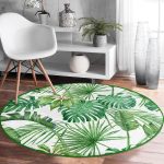 - RealHomes Dijital Baskılı Kaymaz Tabanlı Comfort Yuvarlak Halı - Realhomes  Beyaz Zeminde Yeşil Yaprak Desenli Dijital Baskılı Modern Salon ve Oturma Odası Yıkanabilir Kaymaz Tabanlı Yuvarlak Halı Realhomes