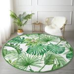 - RealHomes Dijital Baskılı Kaymaz Tabanlı Comfort Yuvarlak Halı - Realhomes  Beyaz Zeminde Yeşil Yaprak Desenli Dijital Baskılı Modern Salon ve Oturma Odası Yıkanabilir Kaymaz Tabanlı Yuvarlak Halı Realhomes