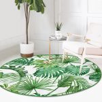 - RealHomes Dijital Baskılı Kaymaz Tabanlı Comfort Yuvarlak Halı - Realhomes  Beyaz Zeminde Yeşil Yaprak Desenli Dijital Baskılı Modern Salon ve Oturma Odası Yıkanabilir Kaymaz Tabanlı Yuvarlak Halı Realhomes
