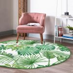 - RealHomes Dijital Baskılı Kaymaz Tabanlı Comfort Yuvarlak Halı - Realhomes  Beyaz Zeminde Yeşil Yaprak Desenli Dijital Baskılı Modern Salon ve Oturma Odası Yıkanabilir Kaymaz Tabanlı Yuvarlak Halı Realhomes