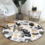 - RealHomes Dijital Baskılı Kaymaz Tabanlı Comfort Yuvarlak Halı - Realhomes Beyaz Zeminde Gold Detaylı Yaprak Desenli Dijital Baskılı Modern Siyah Salon ve Oturma Odası Kaymaz Tabanlı Yuvarlak Halı Realhomes