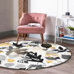 - RealHomes Dijital Baskılı Kaymaz Tabanlı Comfort Yuvarlak Halı - Realhomes Beyaz Zeminde Gold Detaylı Yaprak Desenli Dijital Baskılı Modern Siyah Salon ve Oturma Odası Kaymaz Tabanlı Yuvarlak Halı Realhomes