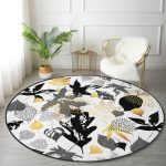 - RealHomes Dijital Baskılı Kaymaz Tabanlı Comfort Yuvarlak Halı - Realhomes Beyaz Zeminde Gold Detaylı Yaprak Desenli Dijital Baskılı Modern Siyah Salon ve Oturma Odası Kaymaz Tabanlı Yuvarlak Halı Realhomes