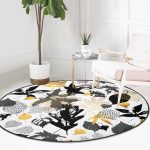- RealHomes Dijital Baskılı Kaymaz Tabanlı Comfort Yuvarlak Halı - Realhomes Beyaz Zeminde Gold Detaylı Yaprak Desenli Dijital Baskılı Modern Siyah Salon ve Oturma Odası Kaymaz Tabanlı Yuvarlak Halı Realhomes