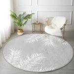 - RealHomes Dijital Baskılı Kaymaz Tabanlı Comfort Yuvarlak Halı - Realhomes  Pastel Zeminde Beyaz Yaprak Desenli Dijital Baskılı Modern Gri Salon ve Oturma Odası Yıkanabilir Kaymaz Tabanlı Yuvarlak Halı Realhomes