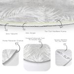 Gri Zeminde Beyaz Yaprak Desenli Dijital Baskılı Modern Salon ve Oturma Odası Yıkanabilir Kaymaz Tabanlı Yuvarlak Halı Realhomes