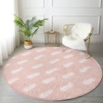 - RealHomes Dijital Baskılı Kaymaz Tabanlı Comfort Yuvarlak Halı - Realhomes  Pastel Zeminde Beyaz Yaprak Desenli Dijital Baskılı Modern Pembe Salon ve Oturma Odası Yıkanabilir Kaymaz Tabanlı Yuvarlak Halı Realhomes