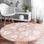 - RealHomes Dijital Baskılı Kaymaz Tabanlı Comfort Yuvarlak Halı - Realhomes  Pastel Zeminde Beyaz Yaprak Desenli Dijital Baskılı Modern Pembe Koridor ve Antre Yıkanabilir Kaymaz Tabanlı Yuvarlak Halı Realhomes
