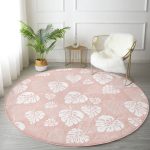 - RealHomes Dijital Baskılı Kaymaz Tabanlı Comfort Yuvarlak Halı - Realhomes  Pastel Zeminde Beyaz Yaprak Desenli Dijital Baskılı Modern Pembe Koridor ve Antre Yıkanabilir Kaymaz Tabanlı Yuvarlak Halı Realhomes