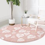 - RealHomes Dijital Baskılı Kaymaz Tabanlı Comfort Yuvarlak Halı - Realhomes  Pastel Zeminde Beyaz Yaprak Desenli Dijital Baskılı Modern Pembe Koridor ve Antre Yıkanabilir Kaymaz Tabanlı Yuvarlak Halı Realhomes
