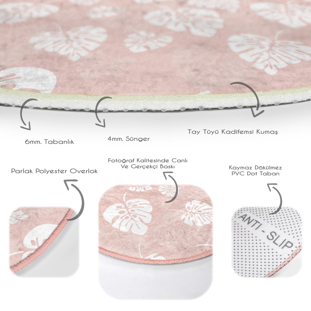 Pastel Zeminde Beyaz Yaprak Desenli Dijital Baskılı Modern Pembe Koridor ve Antre Yıkanabilir Kaymaz Tabanlı Yuvarlak Halı Realhomes