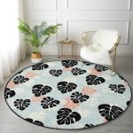 - RealHomes Dijital Baskılı Kaymaz Tabanlı Comfort Yuvarlak Halı - Realhomes Renkli Zeminde Siyah Yaprak Desenli Dijital Baskılı Modern Koridor ve Antre Yıkanabilir Kaymaz Tabanlı Yuvarlak Halı Realhomes