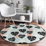 - RealHomes Dijital Baskılı Kaymaz Tabanlı Comfort Yuvarlak Halı - Realhomes Renkli Zeminde Siyah Yaprak Desenli Dijital Baskılı Modern Koridor ve Antre Yıkanabilir Kaymaz Tabanlı Yuvarlak Halı Realhomes