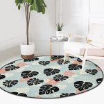 - RealHomes Dijital Baskılı Kaymaz Tabanlı Comfort Yuvarlak Halı - Realhomes Renkli Zeminde Siyah Yaprak Desenli Dijital Baskılı Modern Koridor ve Antre Yıkanabilir Kaymaz Tabanlı Yuvarlak Halı Realhomes