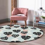 - RealHomes Dijital Baskılı Kaymaz Tabanlı Comfort Yuvarlak Halı - Realhomes Renkli Zeminde Siyah Yaprak Desenli Dijital Baskılı Modern Koridor ve Antre Yıkanabilir Kaymaz Tabanlı Yuvarlak Halı Realhomes