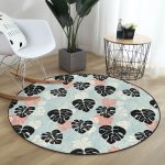 - RealHomes Dijital Baskılı Kaymaz Tabanlı Comfort Yuvarlak Halı - Realhomes Renkli Zeminde Siyah Yaprak Desenli Dijital Baskılı Modern Koridor ve Antre Yıkanabilir Kaymaz Tabanlı Yuvarlak Halı Realhomes