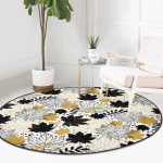 - RealHomes Dijital Baskılı Kaymaz Tabanlı Comfort Yuvarlak Halı - Realhomes  Beyaz Zeminde Gold Detaylı Sonbahar Yaprak Desenli Dijital Baskılı Modern Siyah Koridor ve Antre Kaymaz Tabanlı Yuvarlak Halı Realhomes