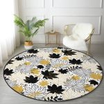 - RealHomes Dijital Baskılı Kaymaz Tabanlı Comfort Yuvarlak Halı - Realhomes  Beyaz Zeminde Gold Detaylı Sonbahar Yaprak Desenli Dijital Baskılı Modern Siyah Koridor ve Antre Kaymaz Tabanlı Yuvarlak Halı Realhomes