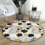 - RealHomes Dijital Baskılı Kaymaz Tabanlı Comfort Yuvarlak Halı - Realhomes  Beyaz Zeminde Gold Detaylı Sonbahar Yaprak Desenli Dijital Baskılı Modern Siyah Koridor ve Antre Kaymaz Tabanlı Yuvarlak Halı Realhomes