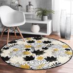 - RealHomes Dijital Baskılı Kaymaz Tabanlı Comfort Yuvarlak Halı - Realhomes  Beyaz Zeminde Gold Detaylı Sonbahar Yaprak Desenli Dijital Baskılı Modern Siyah Koridor ve Antre Kaymaz Tabanlı Yuvarlak Halı Realhomes