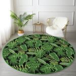 - RealHomes Dijital Baskılı Kaymaz Tabanlı Comfort Yuvarlak Halı - Realhomes Siyah Zeminde Yeşil Yaprak Desenli Dijital Baskılı Modern Outdoor Yıkanabilir Kaymaz Tabanlı Yuvarlak Halı Realhomes