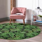 - RealHomes Dijital Baskılı Kaymaz Tabanlı Comfort Yuvarlak Halı - Realhomes Siyah Zeminde Yeşil Yaprak Desenli Dijital Baskılı Modern Outdoor Yıkanabilir Kaymaz Tabanlı Yuvarlak Halı Realhomes